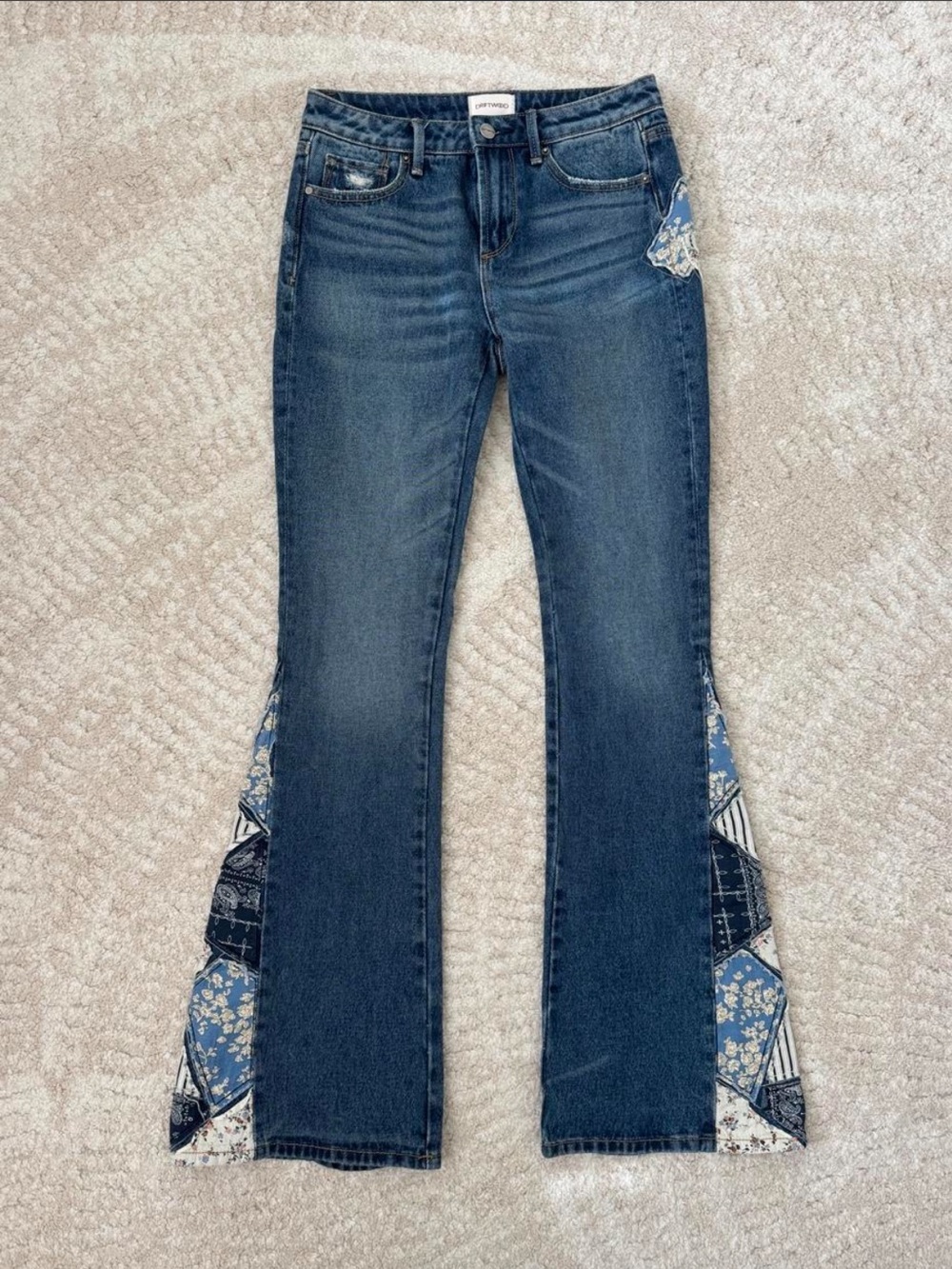 DRIFTWOOD Blue Patchwork Floral Flare Jeans Cotton Western Preppy Sz 24